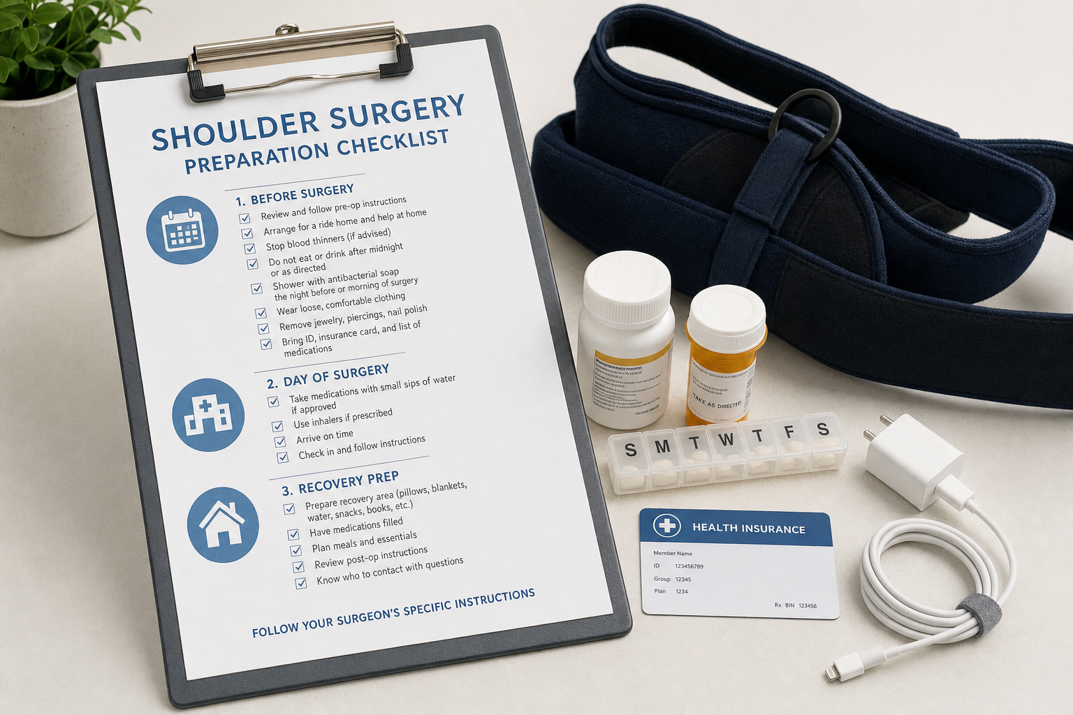 Shoulder surgery preparation checklist with sling, medications, and personal items