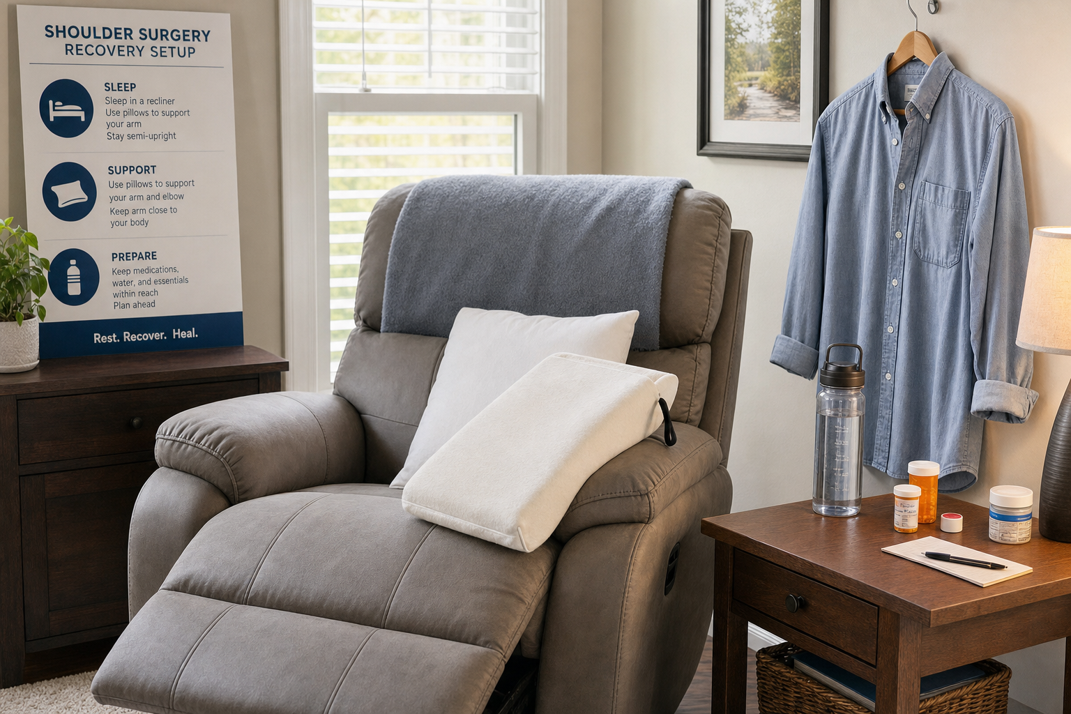 Home recovery setup for after shoulder surgery with recliner, pillows, and essentials within reach