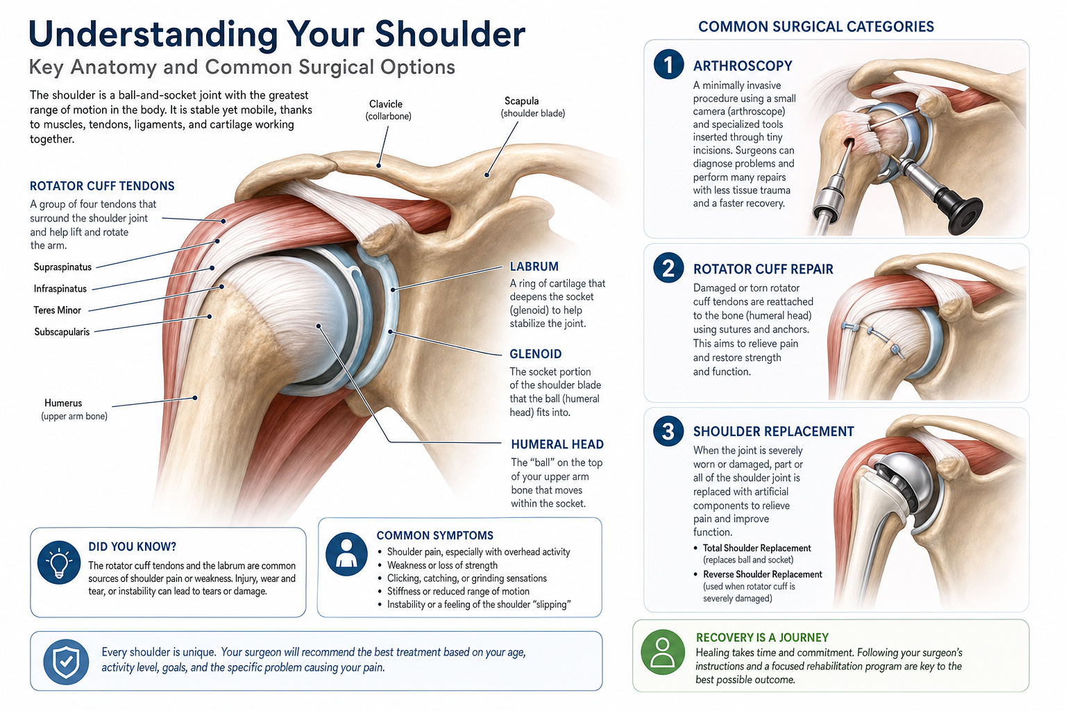 Shoulder anatomy illustration with common surgical treatment categories