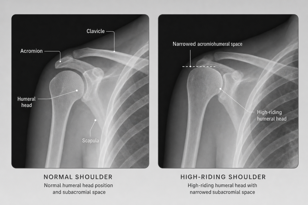 HighRiding Humeral Head on XRay Explained Varma Shoulder Institute Two shoulder X rays side by side left normal with adequate subacromial space right high riding humeral head with narrowed space labeled anatomy