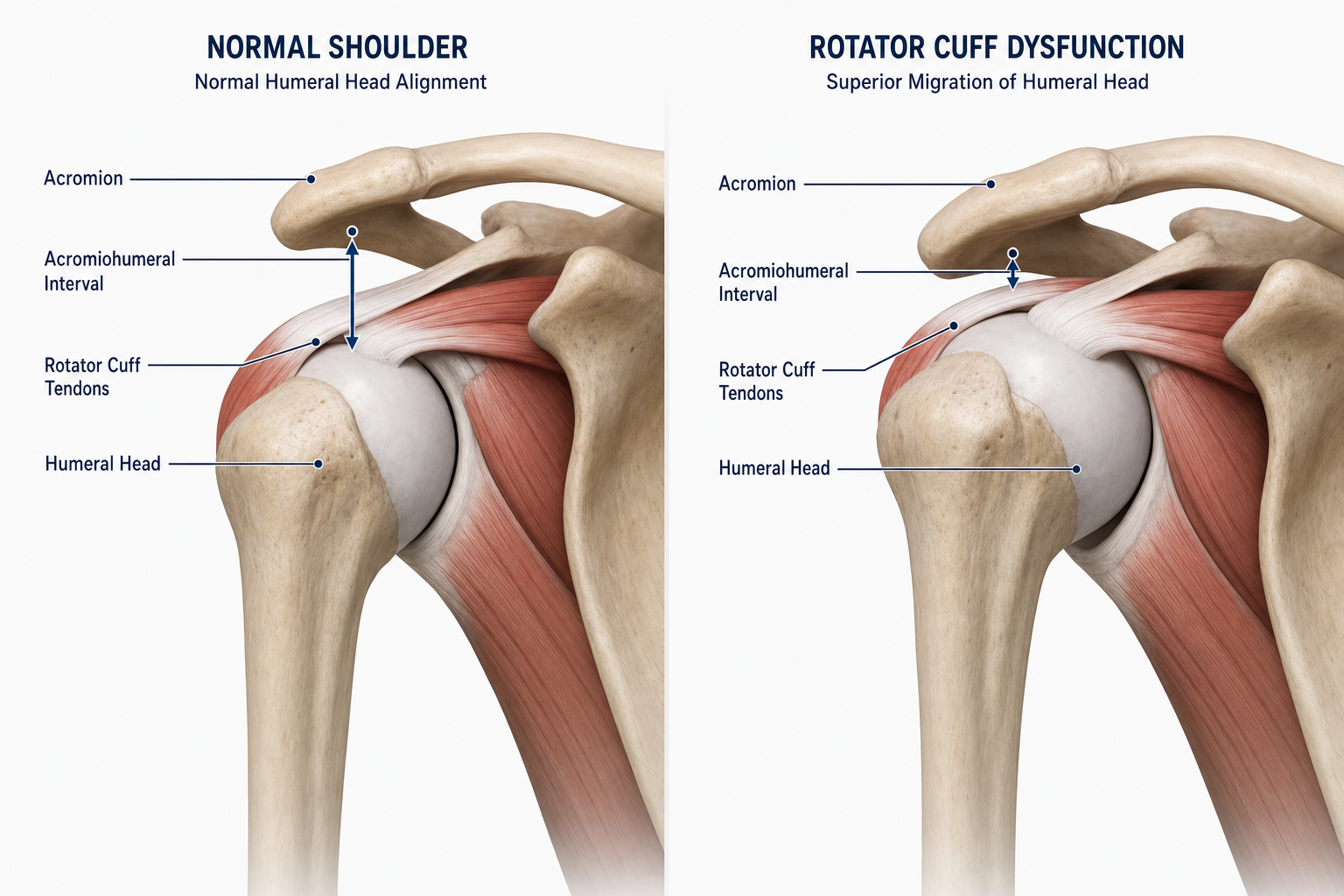 Illustration comparing normal shoulder alignment with a high-riding humeral head and narrowed acromiohumeral interval.