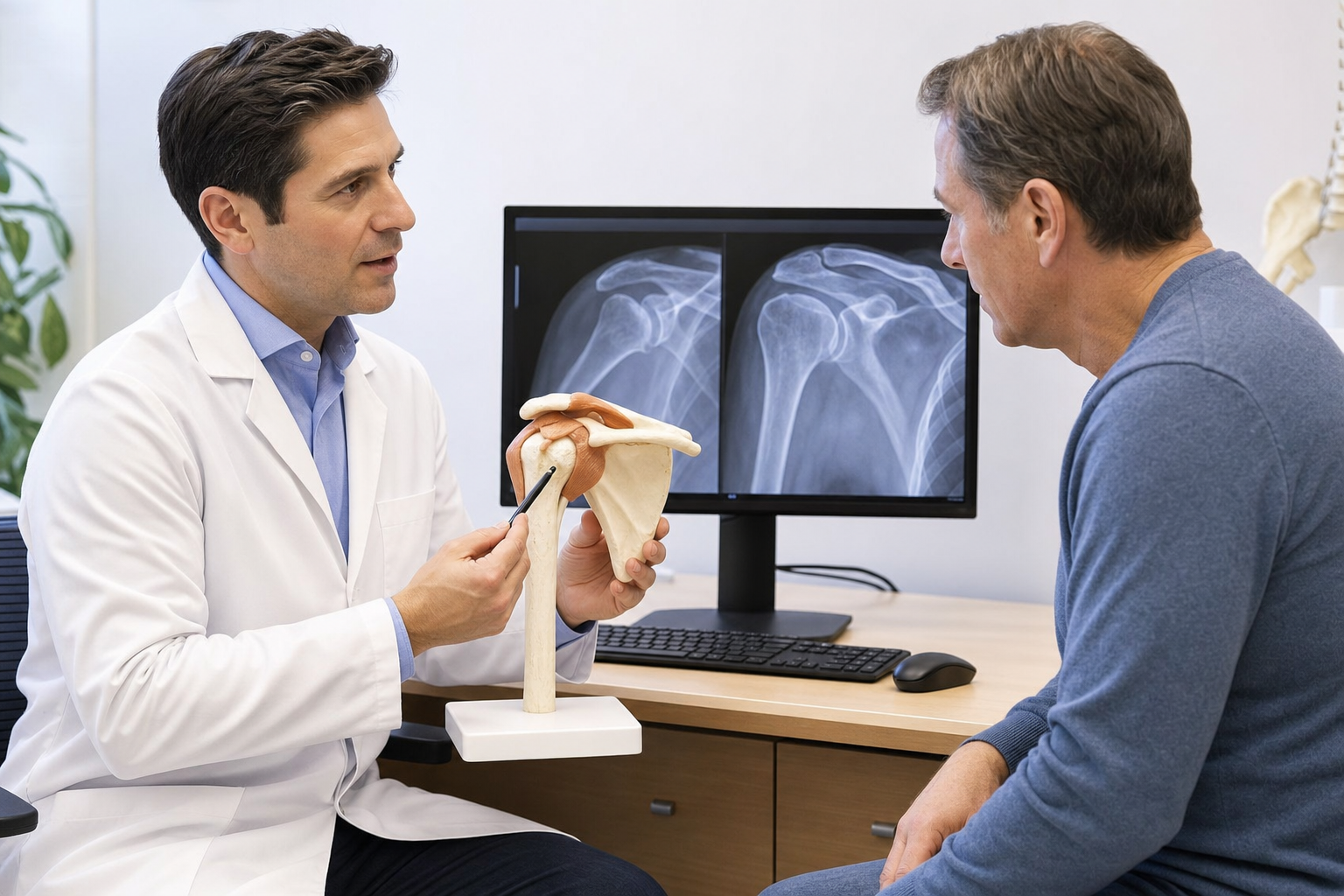 Orthopedic shoulder specialist reviewing X-rays with a patient during an office evaluation.