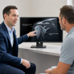 Doctor in a blue blazer explains a shoulder MRI to a patient pointing at labels showing subchondral cystic changes in the humeral head and glenoid