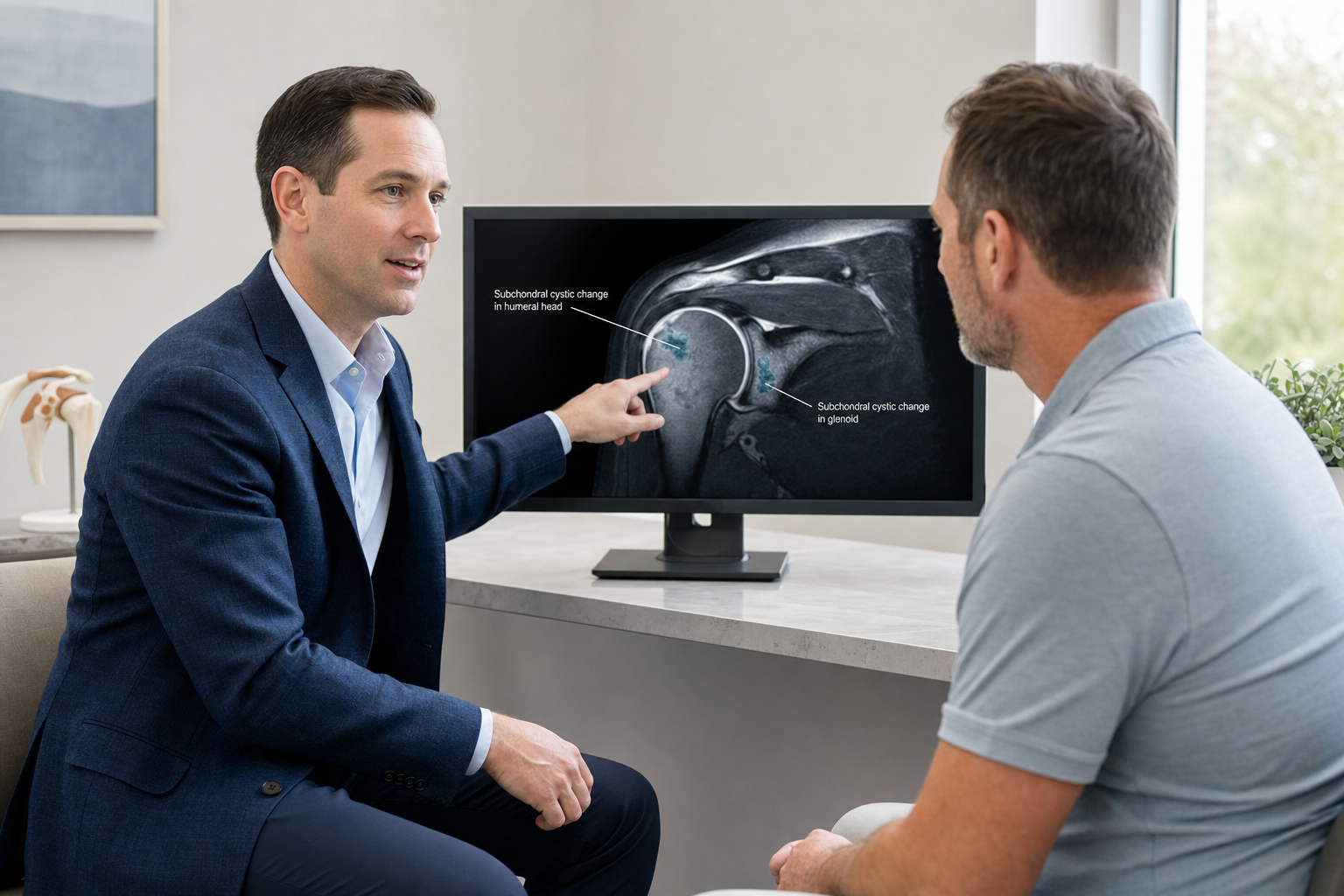 Doctor in a blue blazer explains a shoulder MRI to a patient pointing at labels showing subchondral cystic changes in the humeral head and glenoid