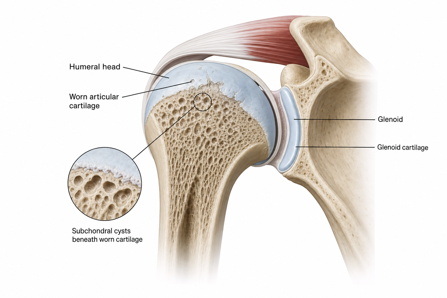Illustration of subchondral cysts beneath shoulder joint cartilage in the humeral head and glenoid.