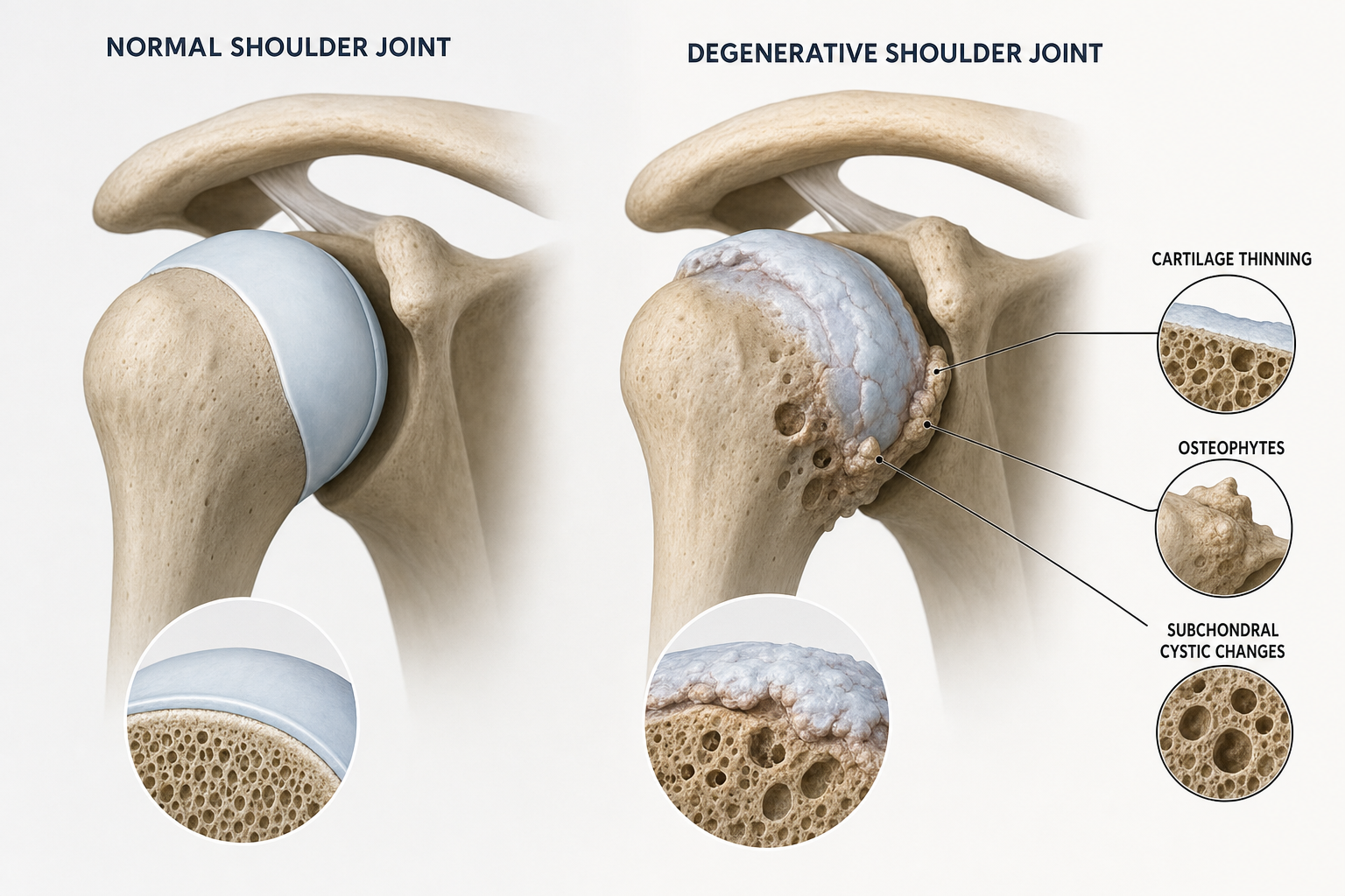 Comparison of a normal shoulder joint and a shoulder joint with arthritis-related subchondral cystic change.