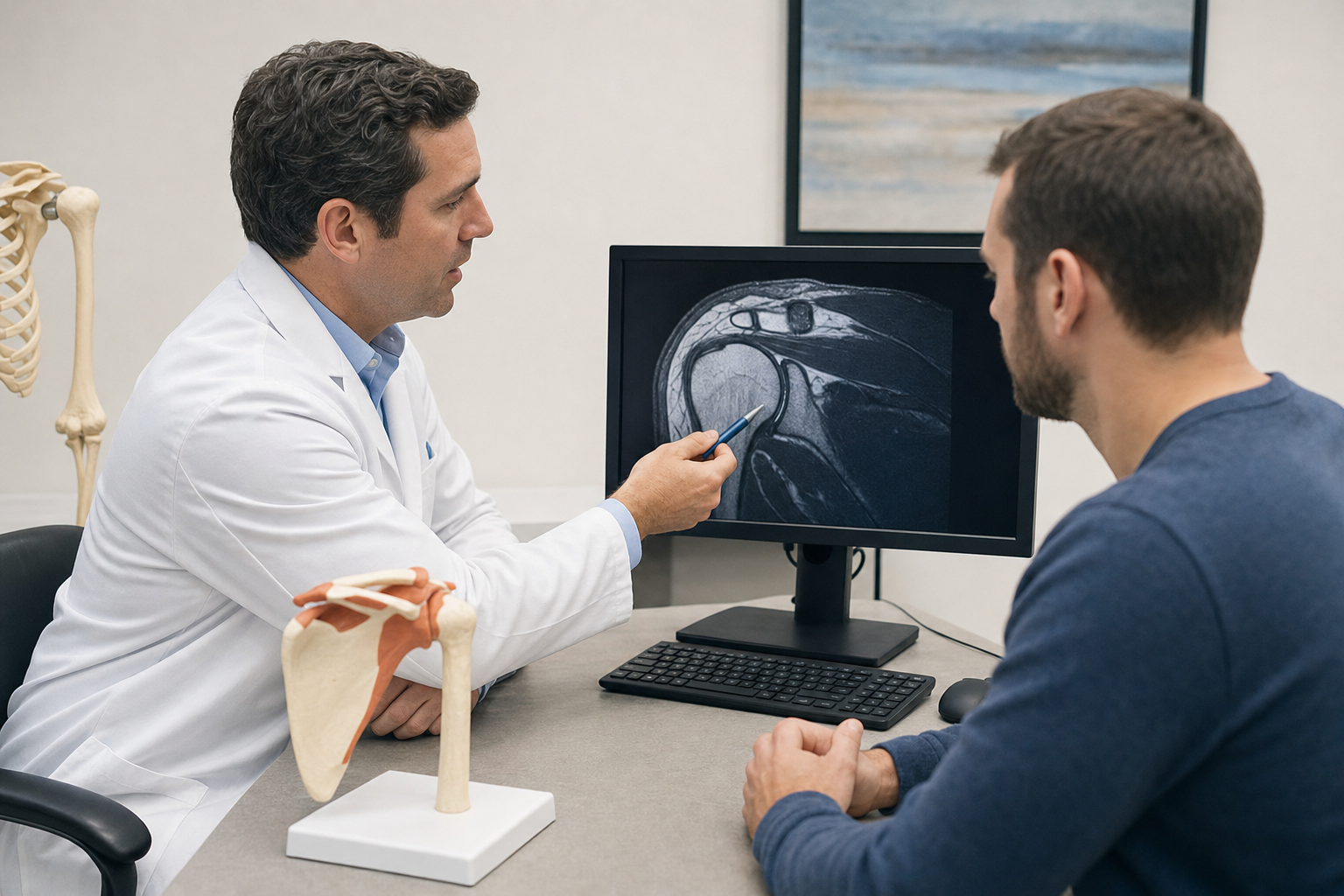 Orthopedic shoulder specialist explaining MRI findings to a patient during an office visit.