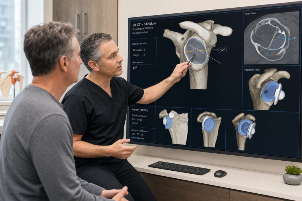 Glenoid Retroversion on CT Before Replacement | Varma Shoulder Institute Varma Shoulder Institute Two doctors review a shoulder CT scan and 3D implant planning on a large touchscreen monitor