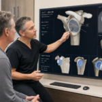 Two doctors review a shoulder CT scan and 3D implant planning on a large touchscreen monitor