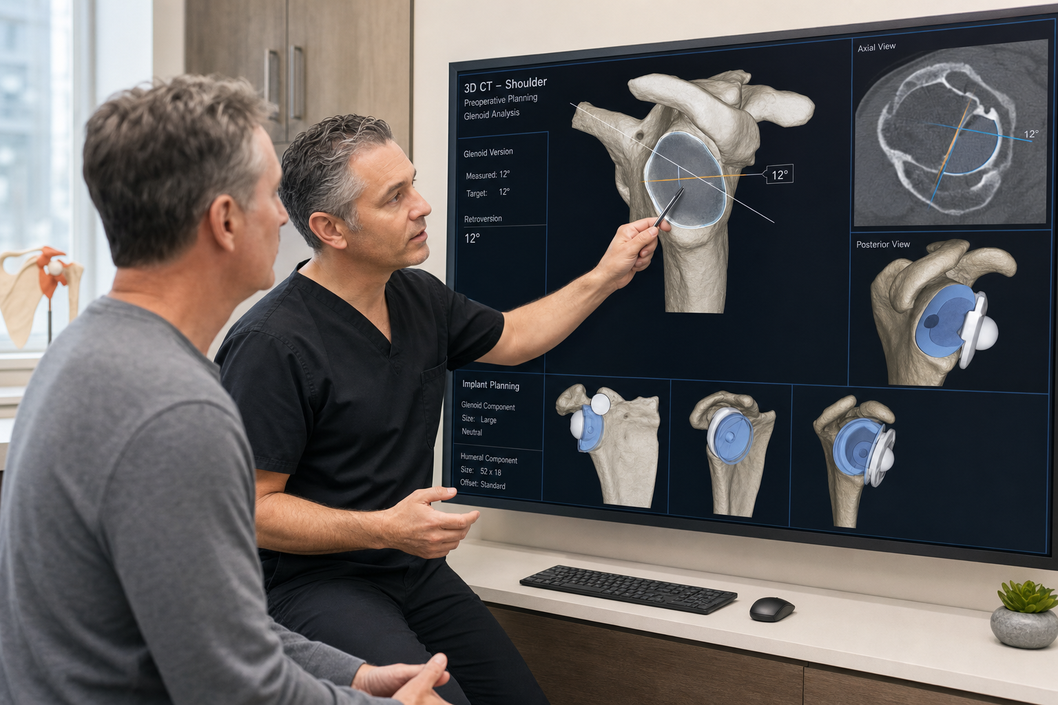 Two doctors review a shoulder CT scan and 3D implant planning on a large touchscreen monitor