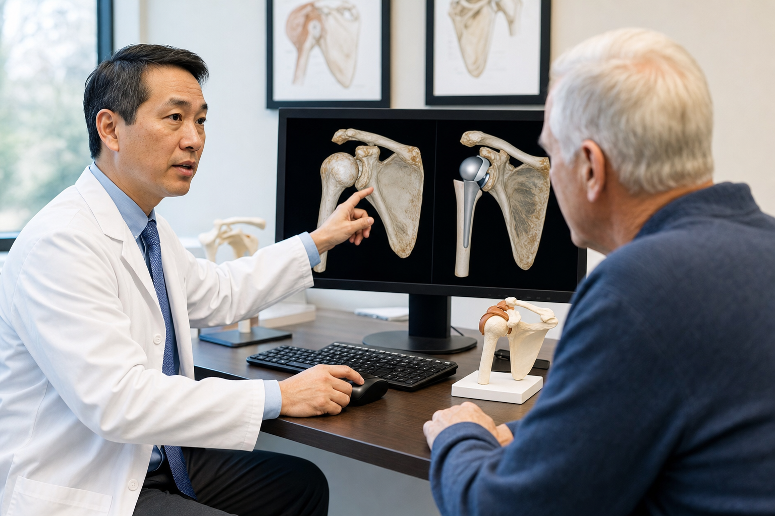 Shoulder surgeon reviewing a 3D CT scan with a patient before shoulder replacement
